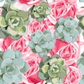 Vector spring flower seamless pattern with succulents and pink roses. Elegant tender design. Royalty Free Stock Photo