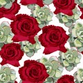 Vector spring flower seamless pattern with succulents and red roses. Elegant tender design. Royalty Free Stock Photo