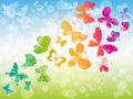 Vector spring frame with blue sky, green grass and colorful gradient butterflies Royalty Free Stock Photo