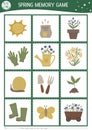 Vector spring garden memory game cards with cute tools, baby plants. Farm matching activity. Remember and find correct card.