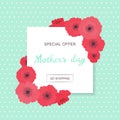 Vector spring illustration with blossom flowers of poppies on green polka dots background.