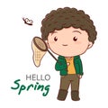 Vector spring illustration of cute boy holding stretchable butterfly net and looking butterfly, Spring hand drawn