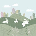 Vector spring landscape with fields and trees. White hares run through the meadows.