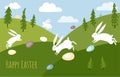 Vector spring landscape with fields and trees. White rabbits run through the meadows with eggs. Easter scene.