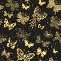 Vector spring pattern with silhouettes of flying golden butterfliies Royalty Free Stock Photo