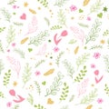 Vector spring seamless pattern with colored flowers, leaves feathers and branches