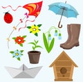 Vector spring set: paper boat, snowdrops, birdhouse, sapling, flowers, rubber boots, umbrella Royalty Free Stock Photo