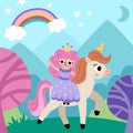 Vector square background with fairy princess riding unicorn under clouds, stars. Magic or fantasy world scene. Fairytale landscape Royalty Free Stock Photo