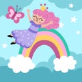 Vector square background with fairy princess sliding down the rainbow under clouds, stars. Magic or fantasy world scene. Fairytale Royalty Free Stock Photo