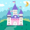 Vector square background with unicorn castle, field, clouds, stars. Fantasy world scene with palace, purple roofs, towers.