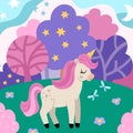 Vector square background with unicorn, field, magic forest, clouds, stars. Fantasy world scene with purple trees. Fairytale Royalty Free Stock Photo