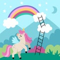 Vector square background with unicorn on green field with ladders on clouds to rainbow. Magic or fantasy world scene. Fairytale Royalty Free Stock Photo