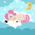 Vector square background with unicorn sleeping on cloud under clouds, stars. Magic or fantasy world scene. Fairytale landscape for Royalty Free Stock Photo