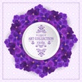 Vector square banner with realistic flowers of purple viola. Floral 3d round wreat