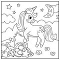 Vector square black and white background with unicorn on green field with treasures. Magic or fantasy world scene. Fairytale Royalty Free Stock Photo