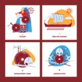 Vector square cards with viking warrior objects, armour and male character on white background.