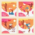 Vector square cards with young girls riding bycicle, doing youga, jumping with skipping rope and jogging. Vivid colors drawn with