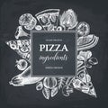 Vector square frame with hand drawn pizza ingradients sketches. Vintage menu, card, invitation, flyer or packaging design templat