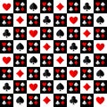 Vector square game seamless pattern with card suits of cards on the chessboard.