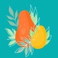 Vector square illustration with papaya, mango and foliage on a turquoise background. Flat hand drawn postcard with tropical juicy