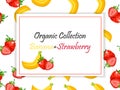 Vector square label, strawberry and banana jam or juice