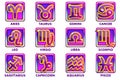 Vector square purple astrology Signs, 12 Zodiac symbols. App icons for Ui