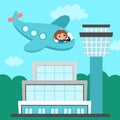 Vector square scene with girl flying airplane and airport and control tower. Transportation illustration. Cute kid driving