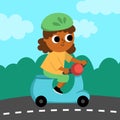 Vector square scene with girl riding a scooter in helmet. Transportation illustration. Cute kid driving transport. Road landscape Royalty Free Stock Photo