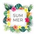 Vector square summer design with exotic monstera palm leaves, Frangipani and Hibiscus flowers, pineapples and space for
