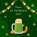 Vector square template greeting card for Saint Patrick's Day on 17 March. Beer, horseshoe, golden coins and clovers