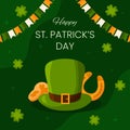 Vector square template greeting card for Saint Patrick's Day on 17 March. Hat, horseshoe, golden coins and clovers