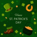 Vector square template greeting card for Saint Patrick's Day on 17 March. Hat, horseshoe, pot golden coins and
