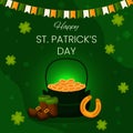 Vector square template greeting card for Saint Patrick's Day. Pot of gold coins, shoes, horseshoe, and clovers on