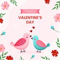 Vector square template greeting card for valentines day. Happy couple birds in love on pink background illustration Royalty Free Stock Photo