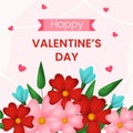 Vector square template greeting card for Valentines day. Hearts and valentine bouquet on pink background illustration