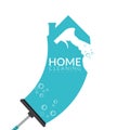 Vector of squeegee scraping on house shape in blue color with spray bottle and bubble foam overlay on it. home cleaning service