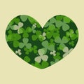 Vector St Patrick's day card. Green clover leaves on clover heart shape and white or beige background Royalty Free Stock Photo