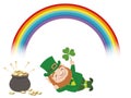 Vector St. Patrickâs Day Symbol Illustration With A Leprechaun, A Rainbow, And A Pot Of Gold.