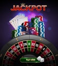 Vector stacks of red, blue, green casino chips top side view, playing cards poker four aces, jackpot glossy text, black roulette