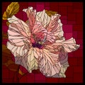 Vector stained glass window with blooming cream pink hibiscus.