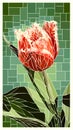 Vector stained glass window with blooming flower of red tulip with white border