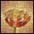 Vector stained glass window with blooming flower of red velvety tulip