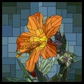 Vector stained glass window with blooming orange cyanosis.