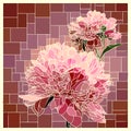 Vector stained glass window with blooming pink peony.