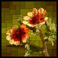 Vector stained glass window with blooming red Cinquefoil. Royalty Free Stock Photo