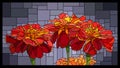 Vector stained glass window with blooming red marigolds.