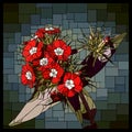 Vector Stained Glass Window With Blooming Small Red-white Carnations.