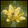 Vector stained glass window with blooming yellow Lily.