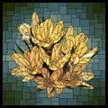 Vector stained glass window with group of blooming yellow crocus flowers