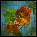 Vector stained glass window with two blooming orange abutilons. Royalty Free Stock Photo